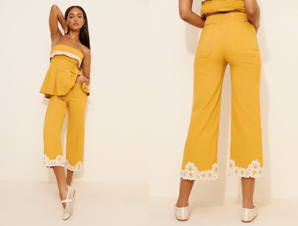 NWT Anthropologie The Colette Floral Embroidered Pants | Gold | Size 28T